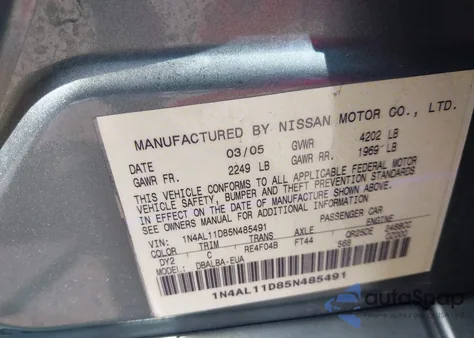 2005 Nissan Altima 2.5 S из США, поврежденный, VIN 1N4AL11D85N485491